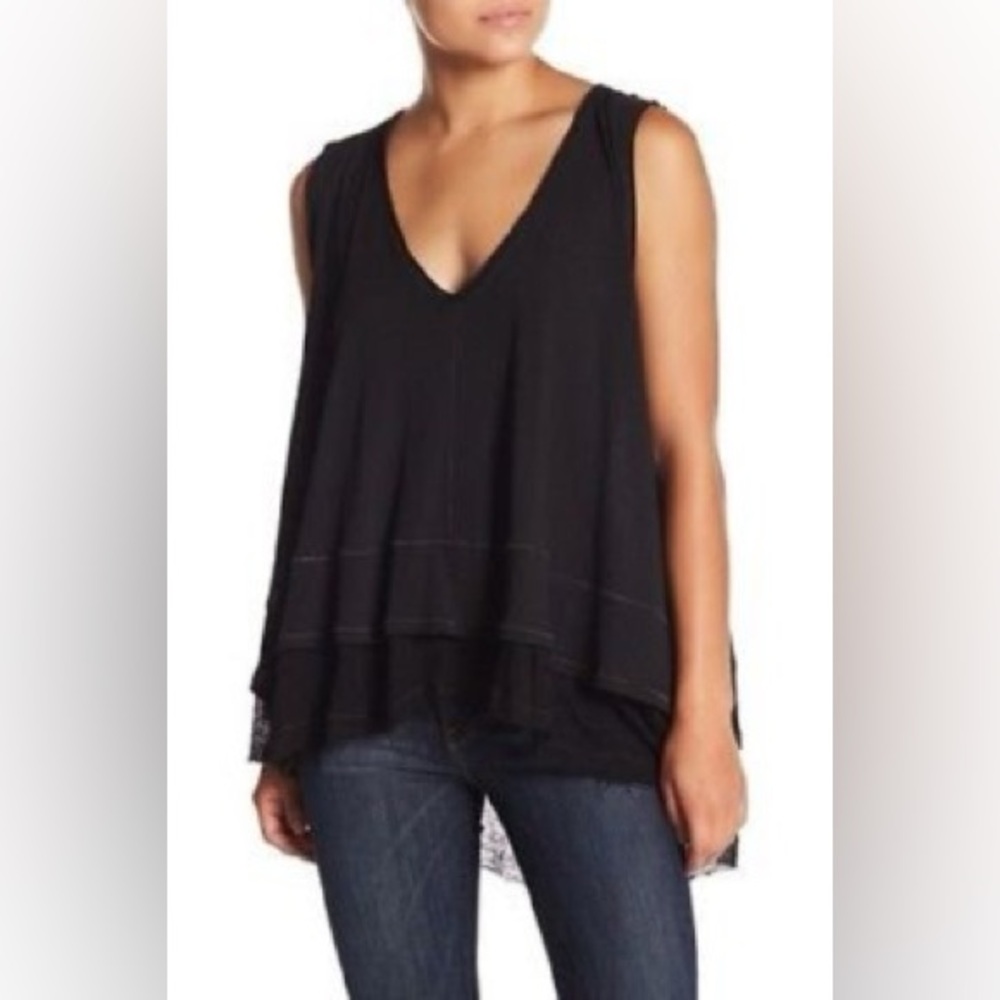 💟Free People $68 Peachy Tee Tiered Frayed Hem Sleeveless Top Layered Hi Low Hem